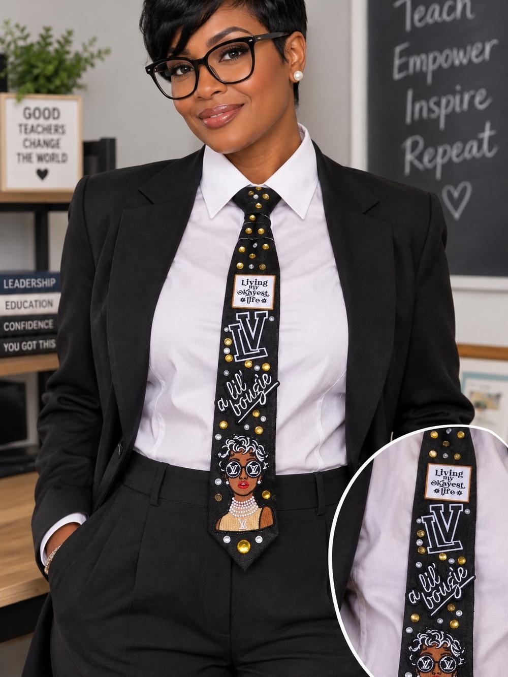 Black Embellished Graphic Clip-On Tie